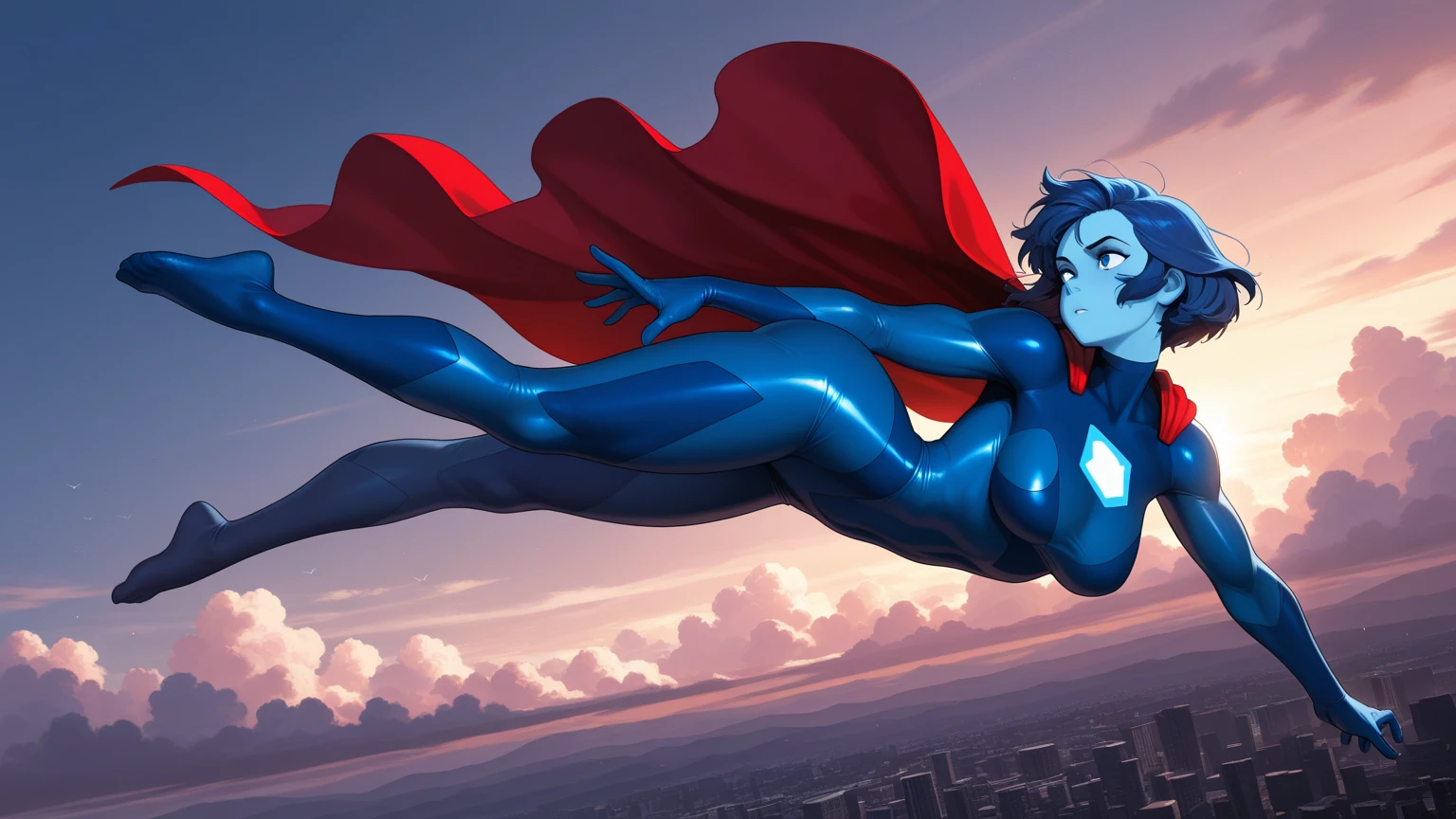 a beautiful girl with long brown hair, white skin, big breasts and butt, long and slender legs, wearing a blue shiny full-coverage tight-fitting Superman suit, red cloak, realistic style, full body portrait