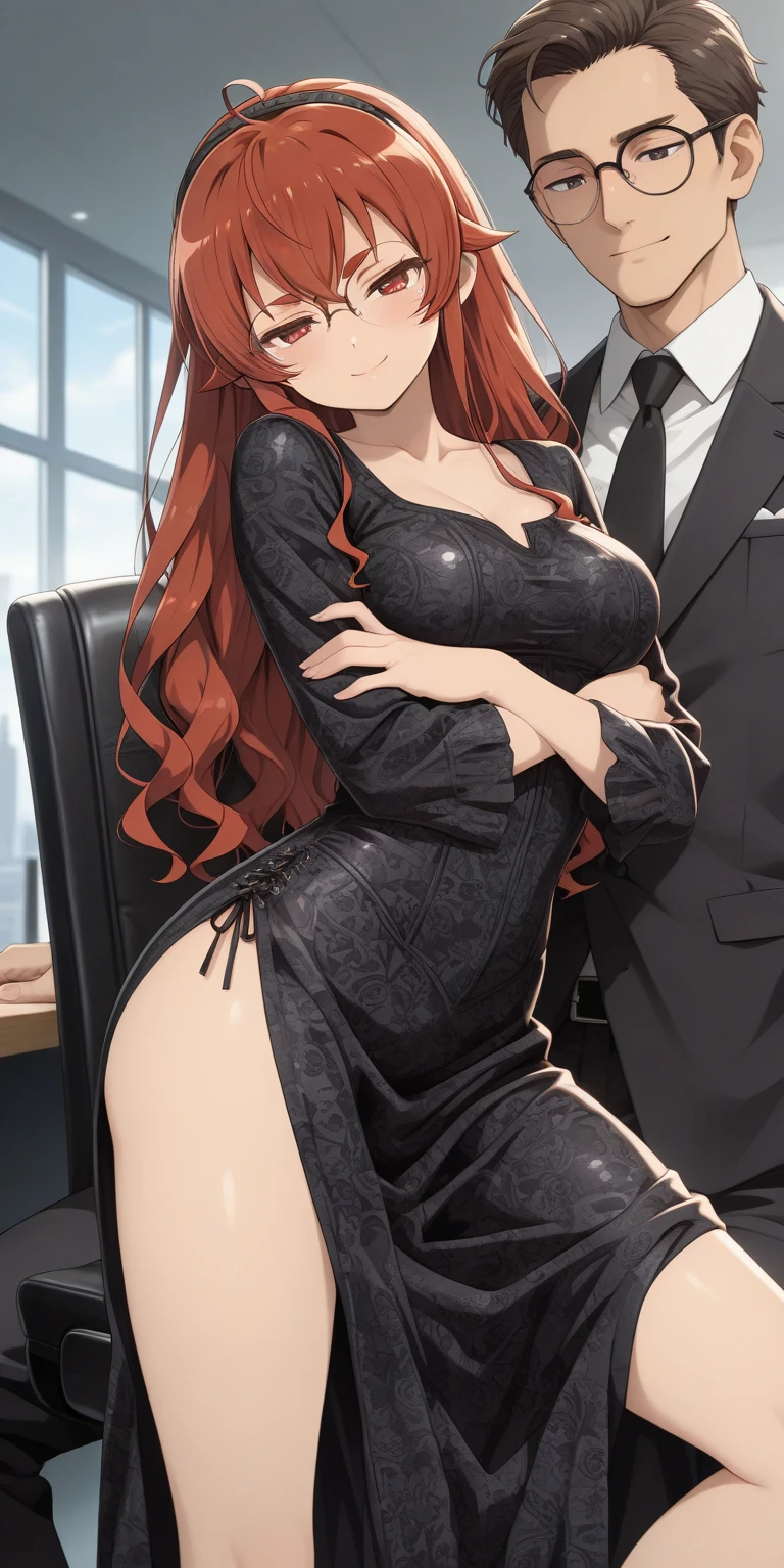 Two people in the scenes, half-rabbit girl, maid's uniform, extremely short skirt, wearing thin-framed round glasses, red hair and a strong man, wearing a suit, hugging the woman from behind and groping her breasts hard, fingers squeezing her breasts hard, between her fingers, (large breasts, big neckline, 18-year-old girl,  gorgeous, northern European girl face)), ((large breasts, large cleavage showing a nipple, black and transparent panties, crotch showing)). Full body image. Photorealistic face, realistic eyes, smile. In the background bar type English Pub,(high resolution:1.0), beautiful lighting, perfect lighting, realistic shadows, [highres], detailed skin, ultra-detailed, legs open, forward bent position, thighs, (beautiful long red hair), soft navel, soft belly, soft back, top angle, blush, photorealistic, realistic face, realistic eyes, malicious smile ((realistic style))) ((neckline))), (eyeliner), (mascara).
Negative prompts