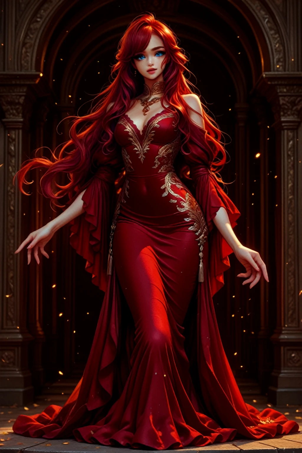 Complete artwork masterpiece, full-body image, high quality, ultra detailed in 4k, 8k, hyper-detailed, realistic skin texture, amazing shadows, highly detailed background, extremely detailed texture. Royal vampiress, ((red ballgown)), ((medium Red wavy hair)), (perfect body), ((light blue eyes)), ((perfect detailed face)), ((perfect detail full red lips)), ((large breast)) at a Classic Castle