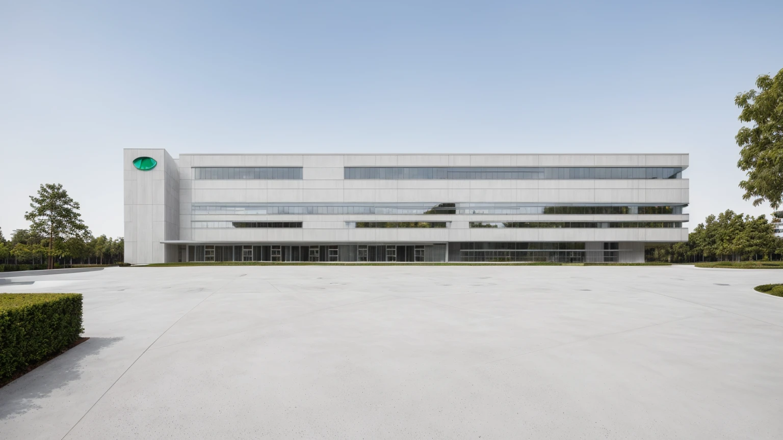 iA modern corporate office building with raw white concrete exterior walls, minimalist and clean architectural style. The structure is multi-story with wide windows, minimal glass facade, sleek design lines, and a contemporary main entrance. Surrounded by green lawn and clear blue sky, with flags fluttering at the front. A company logo is displayed on the facade. Shot in daylight from a cinematic wide-angle perspective. The image should be hyperdetailed and photorealistic, 50mm f/2.8 cinematic depth of field, ominous undertones, dynamic lighting, CGI VFX, 8k ultra-fine detail, unreal engine 5 realism, perfect natural colors, extremely photorealistic