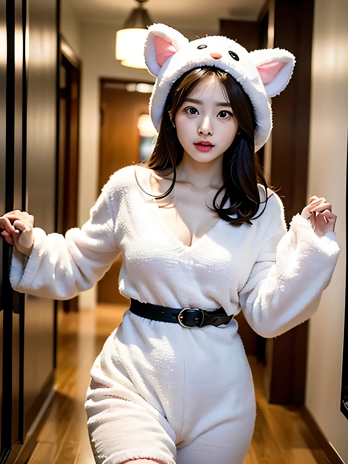 Kim Jennie with white brown hair, with curlers at the ends, with two bows on each side of the hair, all her white hair brown, with a star clip in her white brown hair, light colored eyes, Beautiful eyes, crying eyes, Beautiful, splash nose, watery nose, Beautifuls labios, pink lips, heart and cupid shaped lip, Beautiful skin, pale, White skin, with moles and freckles all over his face, soft pink blush on cheeks, natural pink blush, soft pink makeup, Jennie, Nice neck, marked collar, frown, tender look, with a kiss necklace, a Beautiful kiss necklace, similar a Yumeko Jabami, while using a YK2 Crochet, woolen, with a YK2 style brown miniskirt, while wearing stockings, secretary stockings, medias sexy, while having a bare abdomen, Delgado, marked and Beautiful, (big breasts, soft breasts, Beautifuls pechos), while she cosplays the character Yumeko Jabami, The anime Kakegurui, while she is posing in a suggestive pose, sexy pose, she is posing suggestively while looking at the camera, looking to the camera