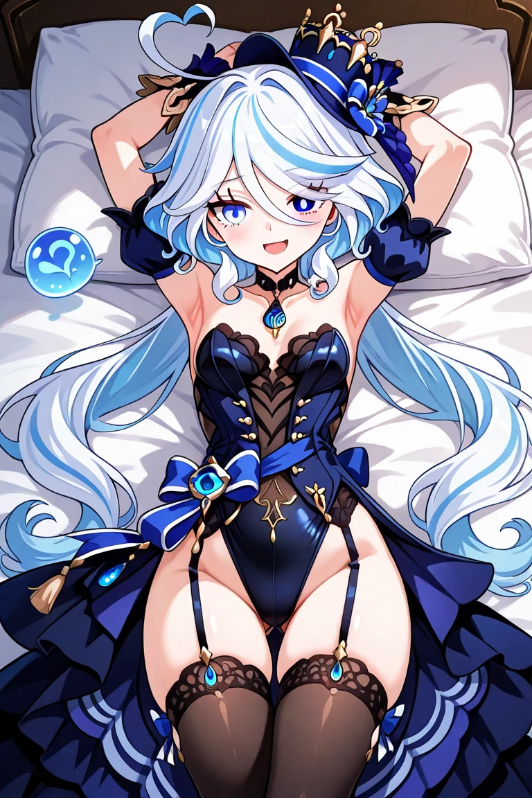 1 girl, white hair, blue sparkling eyes, beauty， laying at bed, pillow，lay down, armpits, pose,  exteriors， daysieackgound， chies， looking at viewer， stairwayont， breast, genshin clothes, strapless, bare shoulders,    detailed face,    detailed eyes, full body, legs, stomach 