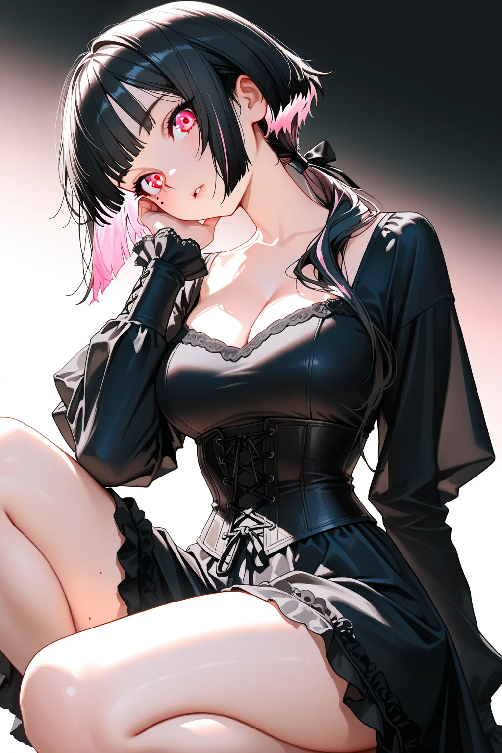 seductive gothic lady with black/white ombre hair with ample bosom and stylish leather attire, pink eyes, dominant