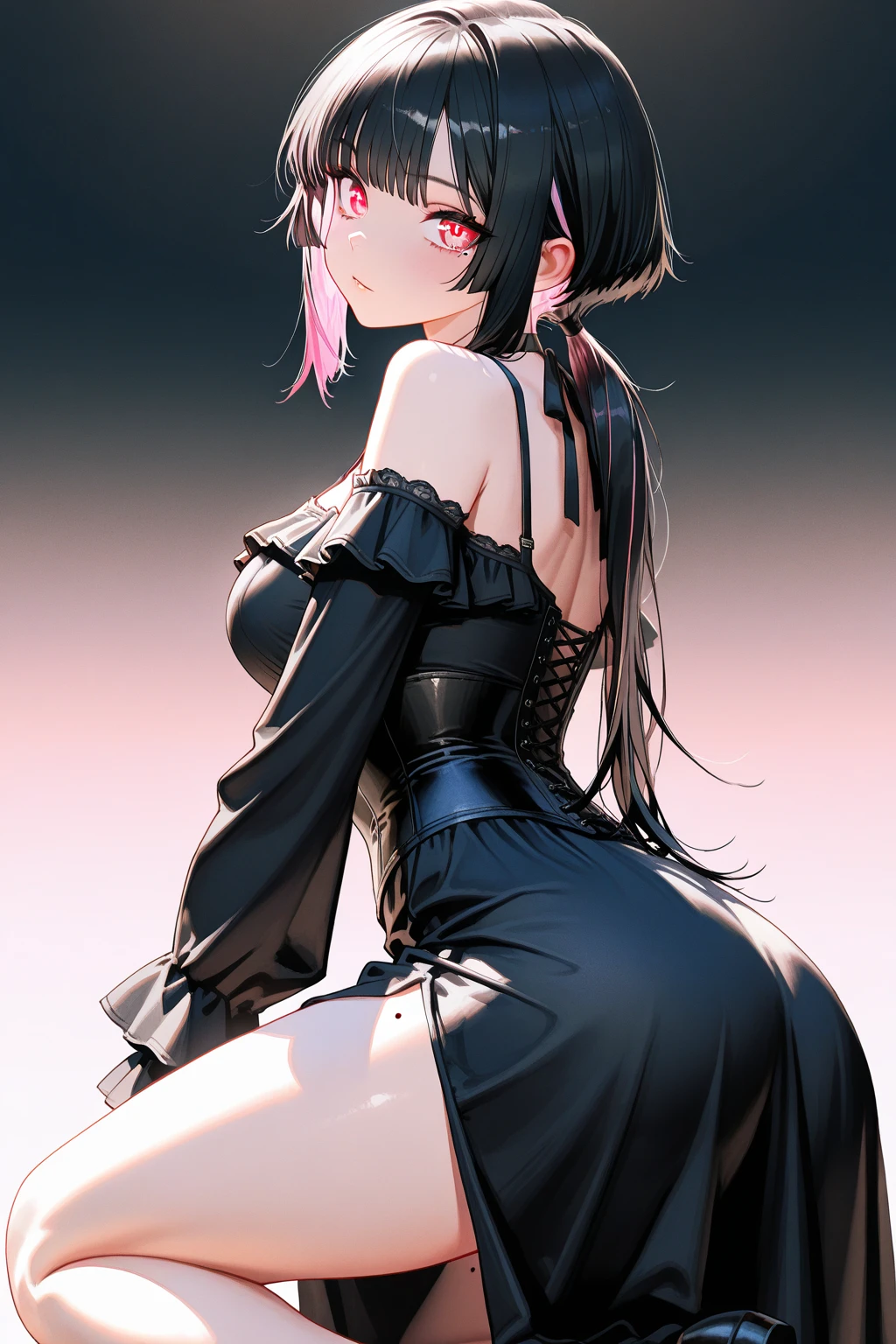 nsfw,ultra detailed,anime style,1female,short hair,aroused,seductive smile,(slut:1.2),(fucked silly:1.1),(steam:1.1),(wet:0.8),skirt lift,bottomless,show off pussy,all fours,from back,beatiful detailed 5 fingers