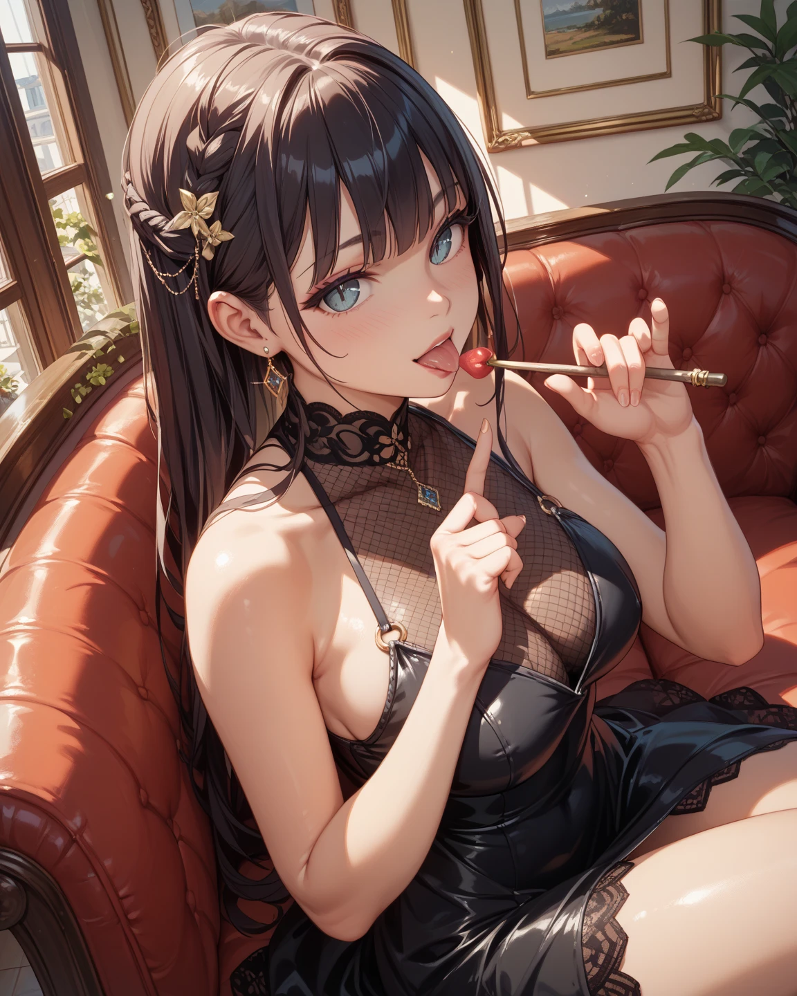 score_9, score_8_up, score_7_up, score_6_up, uncensored, Yor Briar, black hair, earrings, white hairband, hairband, long hair, sidelocks, red eyes, naughty face, shiny skin, sweating, steaming body, heavy breathing, BREAK (masterpiece:1.2), best quality, high resolution,(detailed eyes:1.3), perfect lighting, (perfect hands, perfect anatomy), hearts, pleasured, large breasts, race queen, cropped jacket, highleg bikini, micro shorts, thigh boots, peaked cap, sitting, crossed legs, armchair, fog, (holding condom:1.3), condom, drooling, parted lips,
