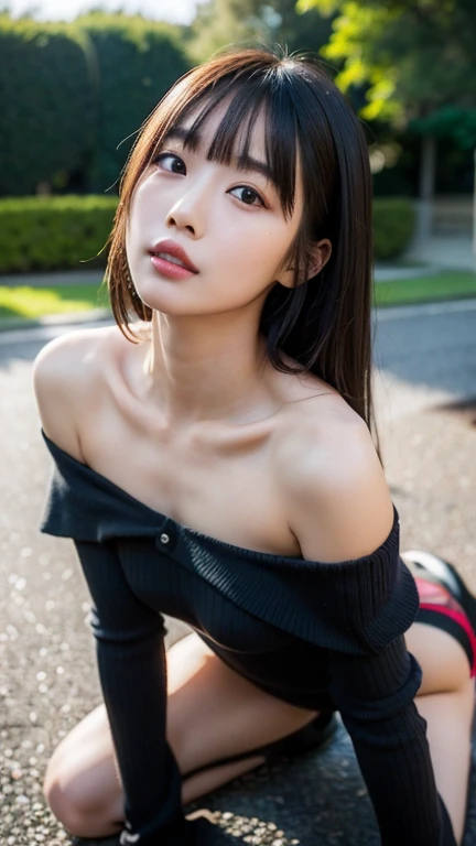 high school, Browsing Caution,8k,(RAW Photos:1.2),(highest quality:1.4),(masterpiece:1.4),Best illustrations,Ultra-high resolution,Portraiture,Film Grain,movie,One Girl,Written boundary depth,(Realistic:1.4),(Detailed Hair,Realistic Hair,Realistic lighting,Realistic Shadows,Realistic clothing,Realistic Skin),Natural skin texture,Super Detail,( Portraiture: 0.6),(Particles of light,Lens flare,Luminous Particles:0.6),(Bokeh:1.2),cute,Professional Lighting,Photon Mapping,Radio City,Physically Based Rendering,Unbelievably absurd,Glowing Skin,(Pale skin:1.2),(Pyros Face_v1:0.7),(close:1.1),(Fair skin:1.1) , (Round face: 1.5),Open your mouth,Puffy eyes,Purple eyes,double eyelid,(single-track:1),(Long Hair:1.1),Floating Hair NovaFrog style,High Ponytail,Floating Hair,Compensate,(very thick lip gloss,Lots of eyelashes,eye shadow),Beautiful legs,(Unbuttoned shirt:1.1),Sailor suit,((Off the shoulder, Checkered Pleated Skirt)),White shirt,Super short skirt,(Small breasts),(teeth:1.2),Knee socks,Outdoor,city,sunny,whole body,On all fours,Female panther posing,return,Backwards,(((Cleavage))),Japanese Girls,Downward,Protruding buttocks,Turned her away,stick out,Protruding areola, 陰部の形がteethっきりと見える, pubic hair, Coarse hair on the underbelly, Spread your legs