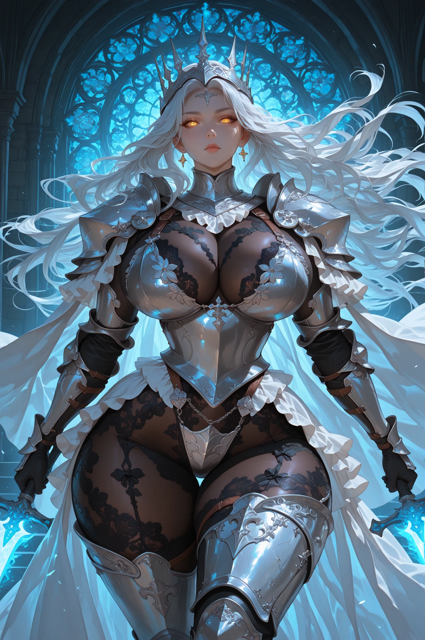(Female chest covered)(smile) Gray skin, pale golden hair and violet eyes. She prefers clothing of white and silver with cloaks of deep blue or purple, village background, huge_knockers ((very precise detailed)) ((highres)