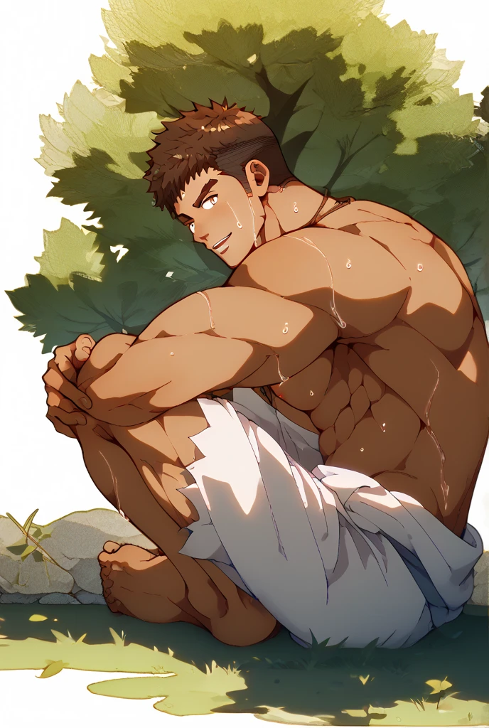 Muscular young man in,fundoshi , big pack big chest muscular abdomen in the field