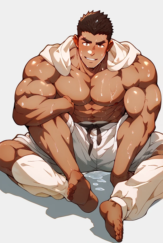 Highquality,masterpiece,  Cowboy shot,exposed in the wild,looking at  viewer,squatting,(Goro Daimon,male、male,Japanese,white fundoshi, head band ,geta,sweat vapor,embarrassing, ),muscular buttocks,No women