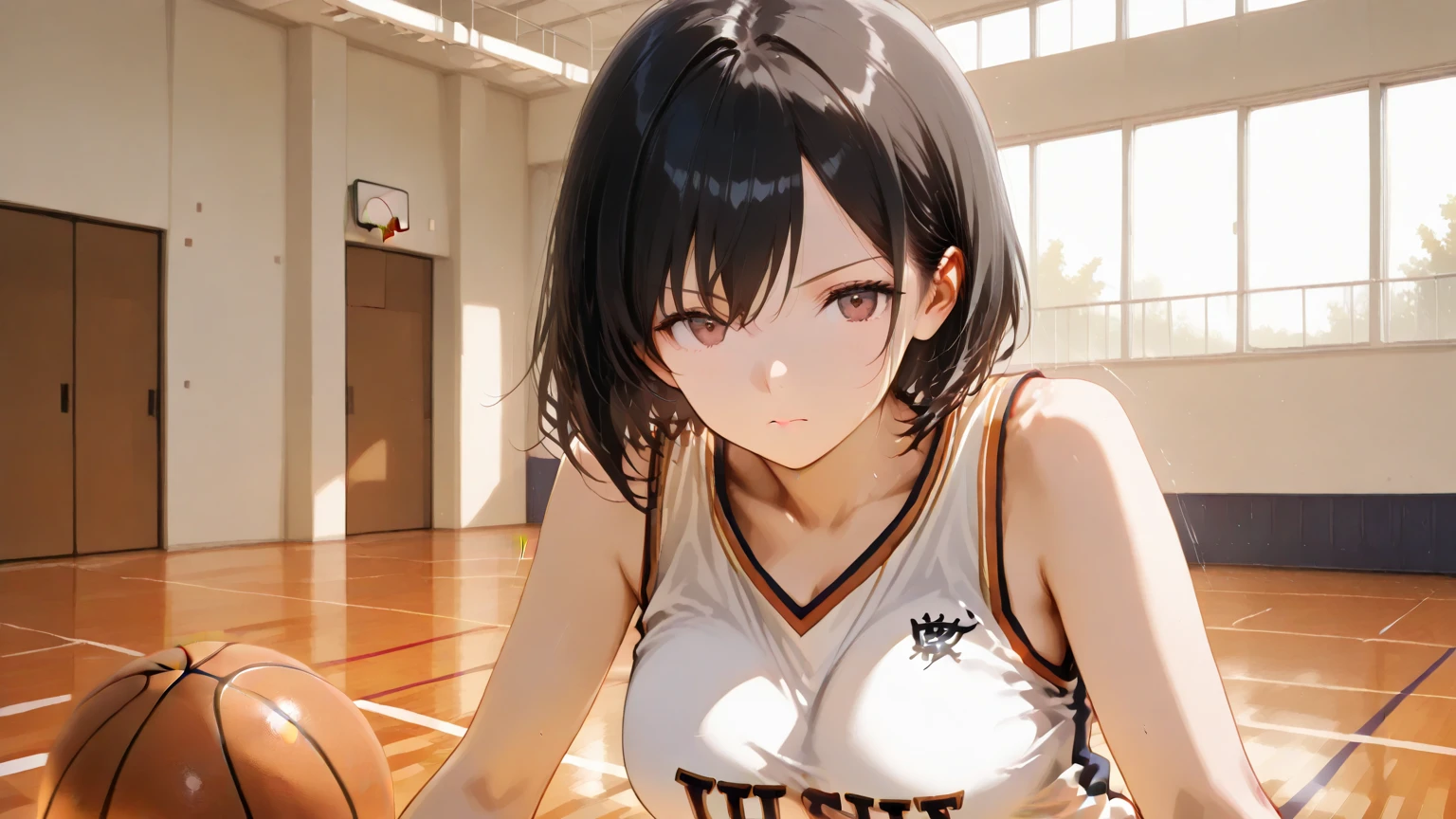 There is a woman in the gym., Wearing a volleyball jersey, Wearing a basketball jersey, Gorgeous Young Korean Woman, Realistic young gravure idol, cute,high school girl