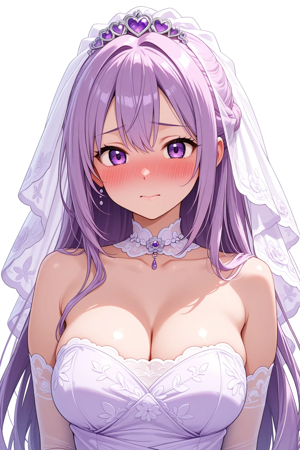 1 woman、Light amethyst soft and fluffy hair、Amethyst sparkling eyes、A room full of cute frills and ribbons、lace dresses、dress studded with amethyst、Lace Ribbon、Long veil、A smile、爆乳、cleavage of the breast、Too large breasts