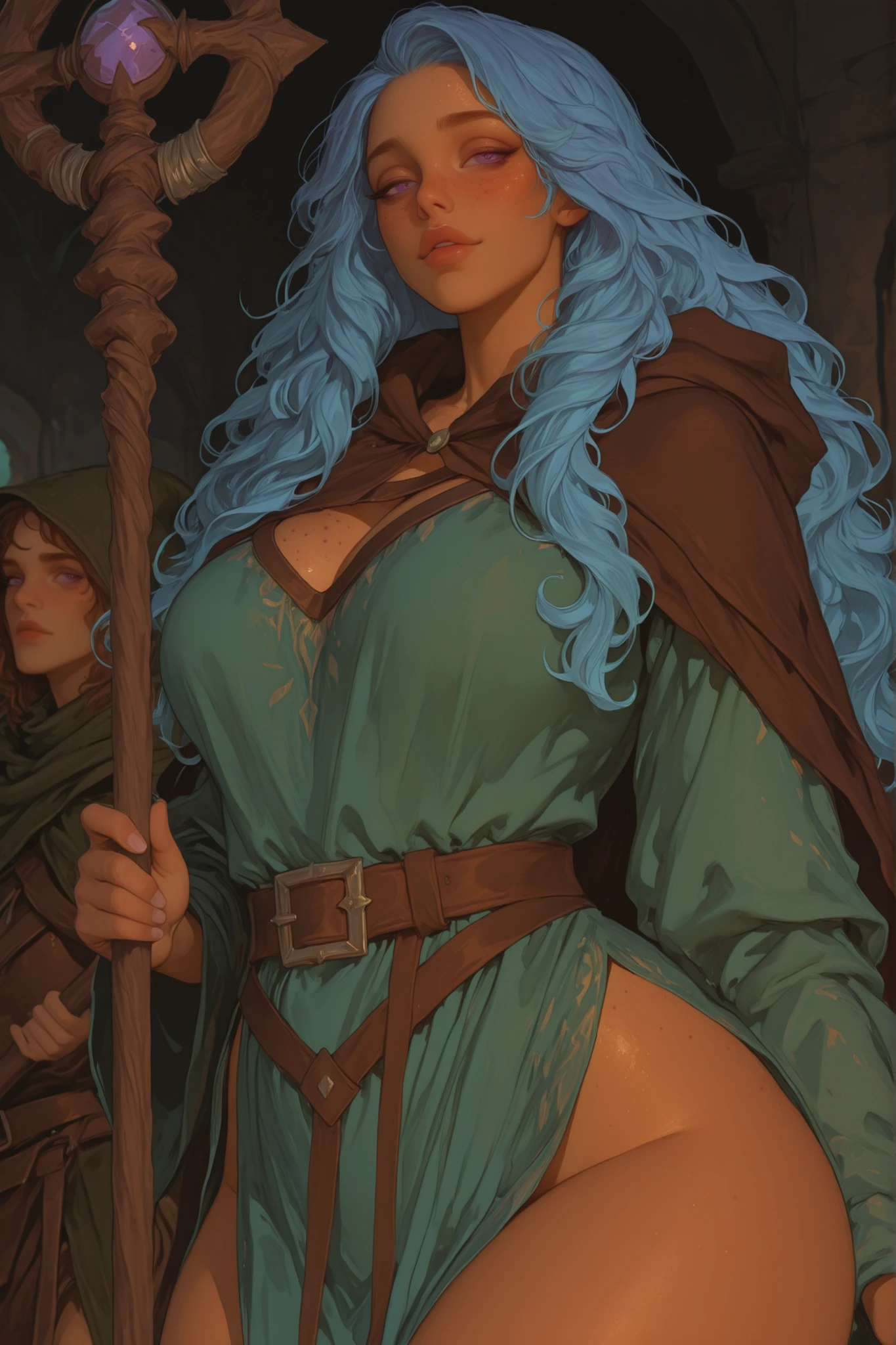 1woman, long wavy pastel blue hair, purple eyes, tan skin, freckles, flushed face, full lips, curvy, busty, curvy, fantasy, dnd, Druid, staff, green and brown fantasy dress, cloak, seductive expression,