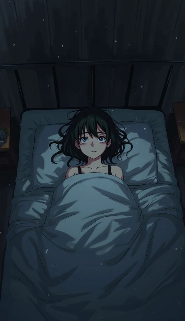 One person, Lying on your back in bed,Covering the right eye with the hand,Blue light,Deep room,Blur the background,Band posters on the wall,A round, heavy bob haircut,19 years old,White T-shirt,Dark Room,Anime Style,High resolution, 