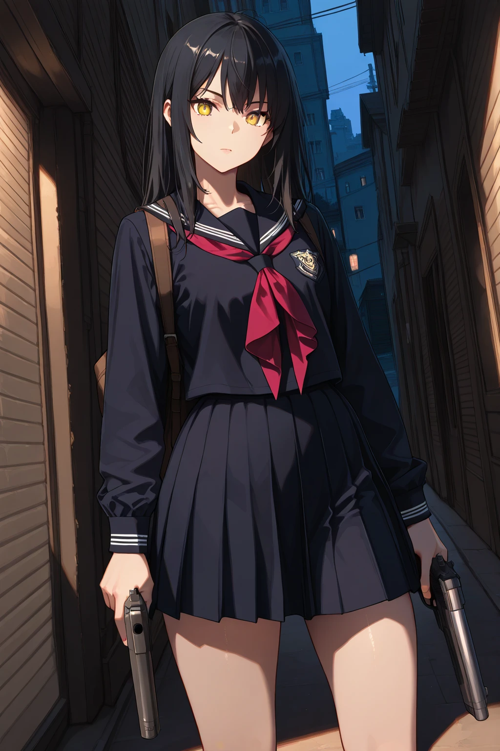 A schoolgirl、Backroom business、bounty hunter、Survival knife、Shibuya、ninjas、sailorsuit、chain mail、Open Finger Gloves、Ninja Sword、night scenery、On the rooftop、muffler、Enemy Ninja、Success、High Kick、Forehead Rest、thights