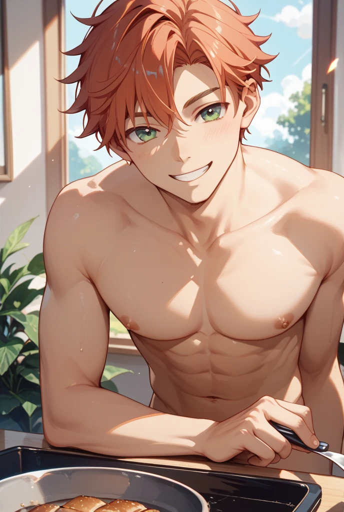 (masterpiece, best quality), 1boy，younge boy，???'s face，Juvenile faces，sideface，Lying naked in the grass，Covered in sweat，adolable，infancy，Young age，Short round face，Flat chin，Fine face in detail，Colored briefs，musculous, Short bright orange hair, Sky blue eyes，opens his eyes wide, 复杂, full bodyesbian,nakeness，Croaking grin，Teal briefs,Pectoralis abdominal muscles，vivd colour,(depth of fields:1.2),(abs),looking at viewert，Lying in the grass，spread their legs，Large pink flowers，Flowers
