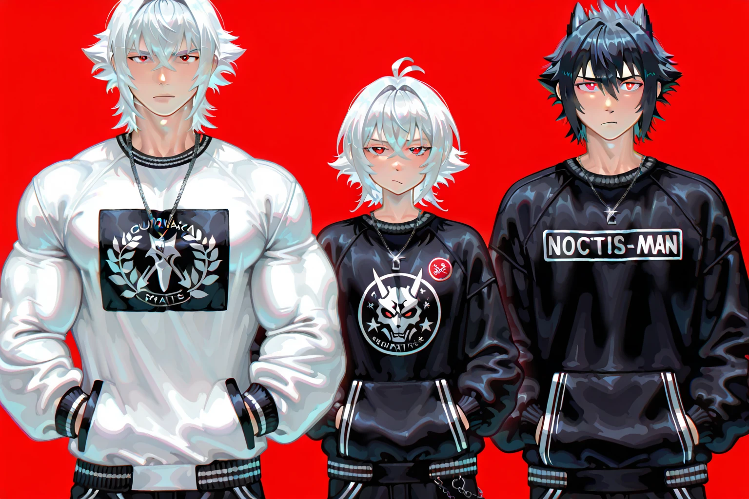 Katsuki Bakugou,tomboy,Eyes red,hair blonde,spiky hair,wearing a short black sweatshirt with a skull print,with a big bulge in the pants,with female thighs,looking at the camera,flushed.