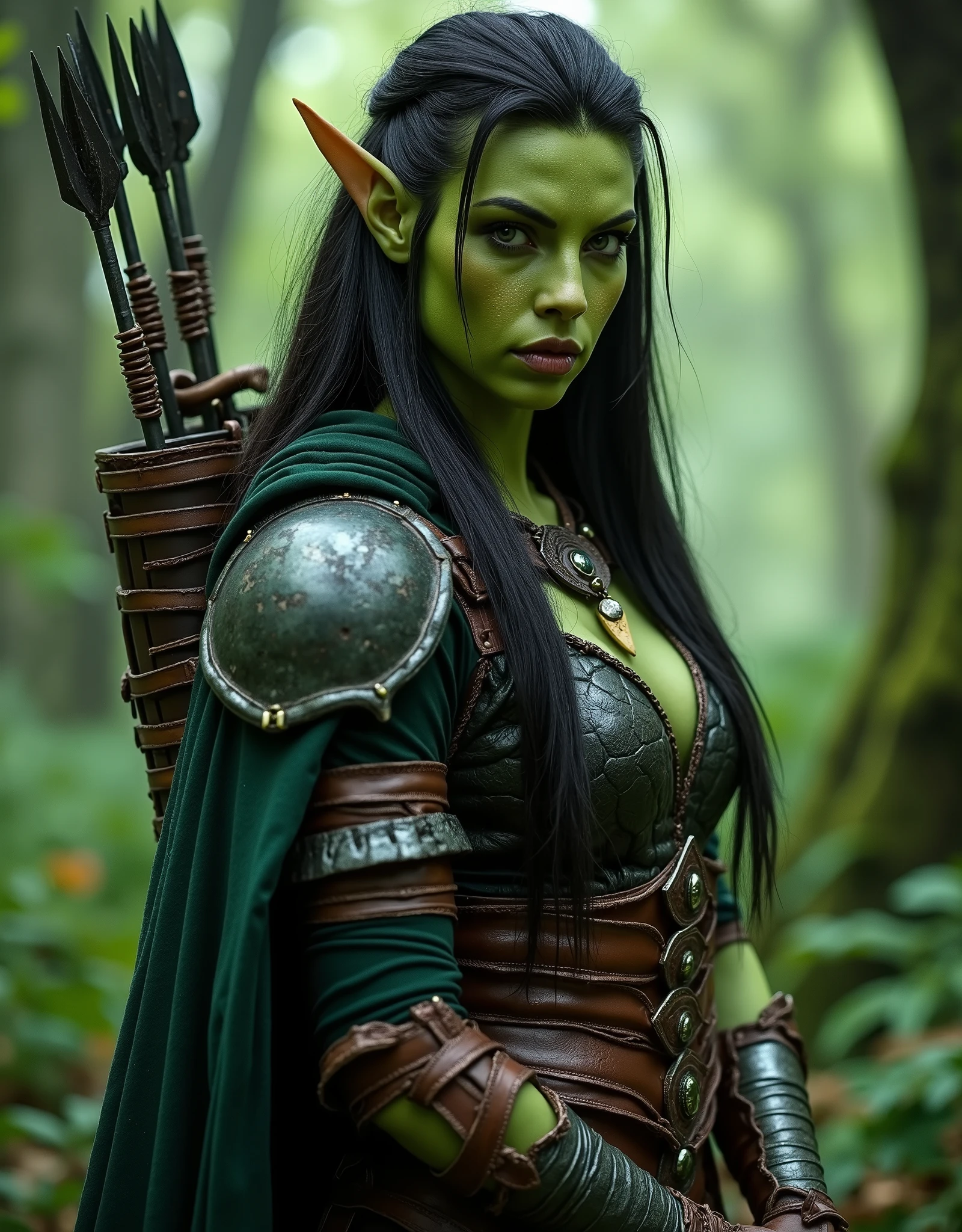 This image features a detailed, medium shot of a female orc character with a fantasy huntress aesthetic, set against a verdant forest background. She appears to have green skin, suggesting she might be an orc, though her features are distinctly human-like and conventionally attractive. (((ATTENTION: She have visible bottom canines.))) She is dressed in a striking outfit consisting of: A dark green cloak. Leather pauldrons complementing the trim on her cape. A simple tusk necklace. Leather armbands or bracers on her forearms detailed with metallic elements. Dark long hair with few dreadlocks. Her gaze is direct and intense, looking straight at the viewer. The lighting suggests an outdoor setting, likely within the forest, with soft, diffused light highlighting her features and attire. The overall impression is one of strength, mystique, and an almost regal warrior presence (NO CLEAVAGE, HIDE HER BREASTS) A kit of arrows and a bow on her back. Holding a spear.