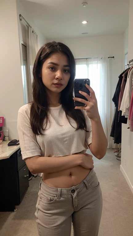 Selfie, Ultrarealistic, 17 year old teen girl, pretty face, white skin, dark brown hair, wearing a pink tshirt, upper body, (selfy with front camera), in living room