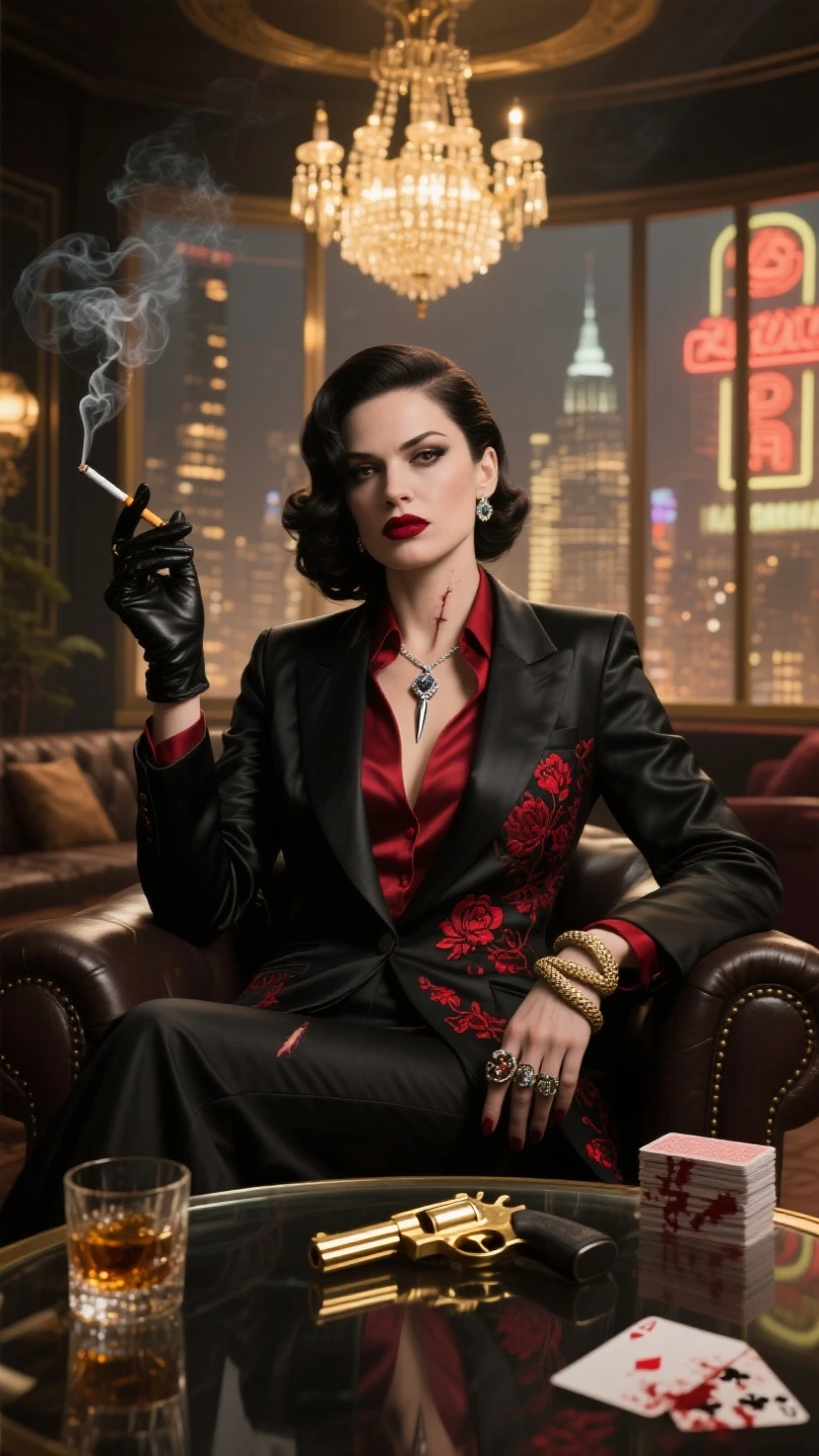 "Hyper-realistic image of a stylish, (confident girl with a dark ash grey hair, sitting while smoking a cigar). She has slicked-back hair, wears aviator sunglasses, and is dressed in a sharp, pinstripe bikini with a red tie and red heels. The girl is adorned with multiple tattoos on his neck and hands, and he is accessorized with gold jewelry, including rings, bracelets, and a wristwatch. (Smoking cigar), The background is minimalistic, focusing on his composed yet powerful demeanor as smoke curls from the cigar.”