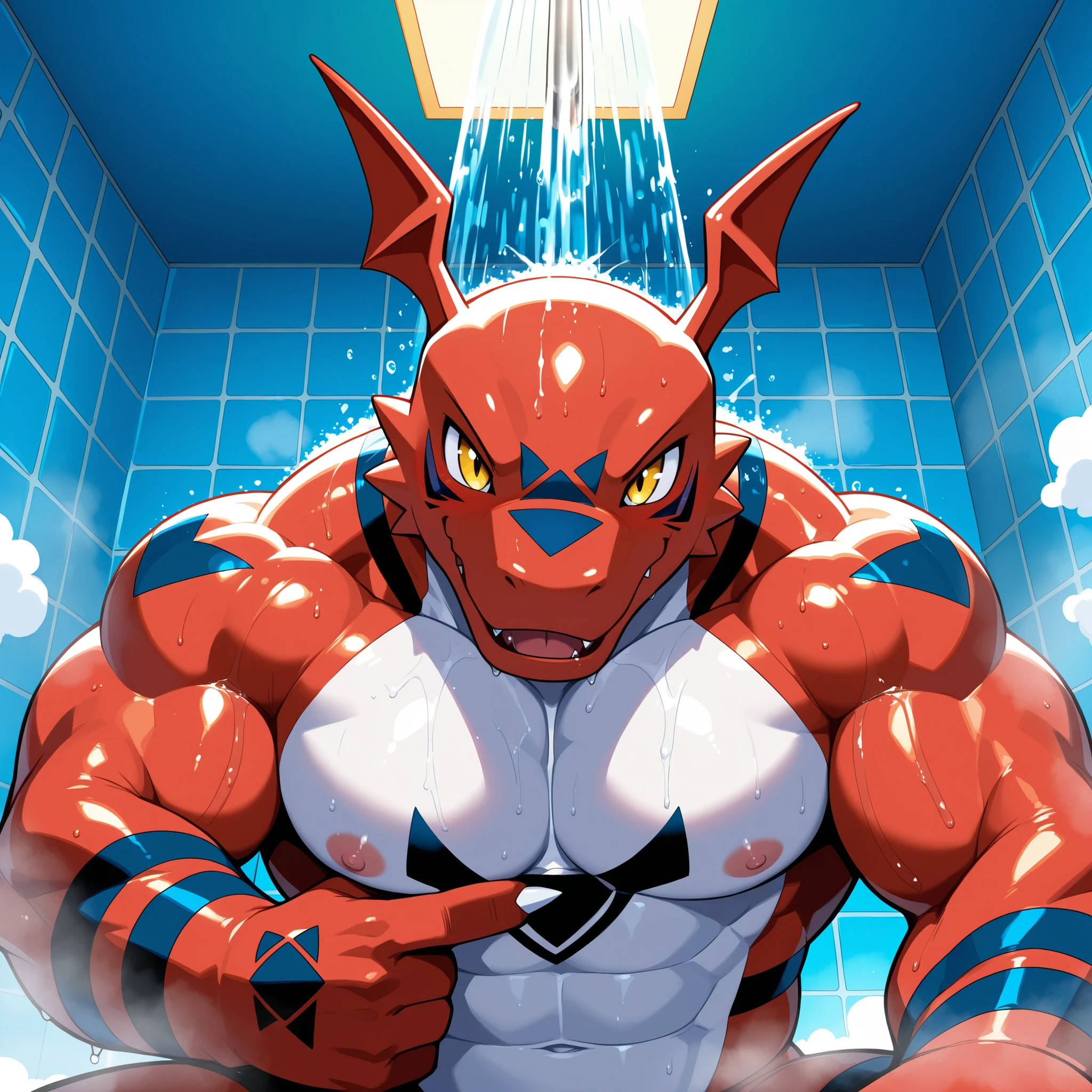 helluva boss red moxxie gay, big gigant and huge ass, naked, bathing in the soapy tub, washing he cock