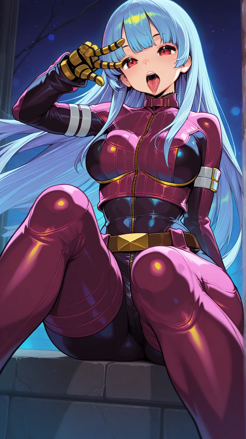 Neck ribbon,Perfect hands, Perfect Fingers,Perfect Anatomy, masterpiece, Highest quality,Anime Style, 16k hdr,One person, Large Breasts,Erect nipples,Blue Hair, Straight Long Hair,Mobile Trace Suit, Shoulder Armor,(Red and blue bodysuit:1.4),Sexy pose, Upper Body, cockpit,From below,Spread your legs,(Emotionless:1.4,Hollow Eyes:1.2),