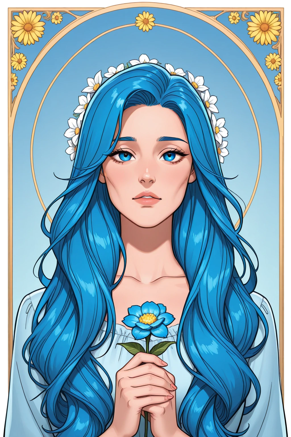 an image of a woman's face with flowers blooming from her face。webtoon-like。Woman's hair color is blue。about 20 years old。