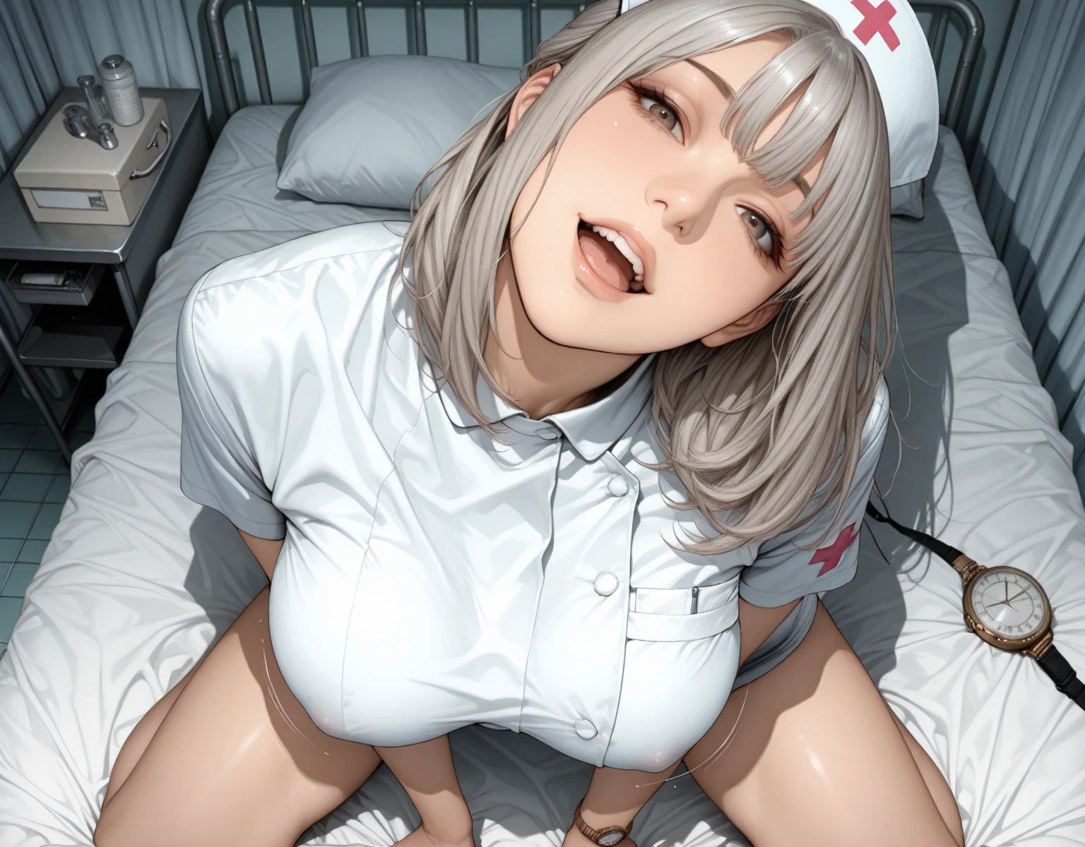 masutepiece,Best Quality,ultra-detailliert, Illustration, Professional Writing, long shot, Dutch angle shot, (White nurse uniform, white pants, white nurse cap, long sleeve), Japanease, beautiful, kawaii, Cute, 24 years old, eye contact, (((handjob))), smile, 1boy, lying, groupshot, veiny penis, pojecile cum, penis focus, pubic hair, (hospital room)