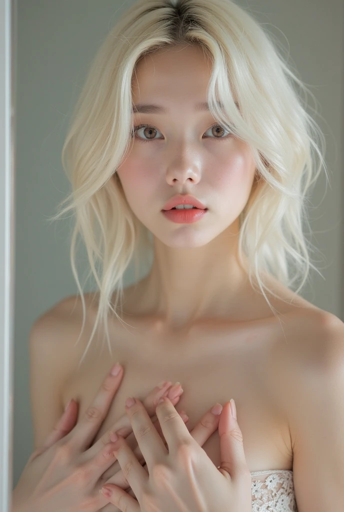 (8K, Raw photo, realistic:1.25) ,( lip gloss, whip, shiny face, Glossy skin, highest quality, 超A high resolution, Depth of the bounds written, chromatic aberration, caustics, wide range lighting, natural shading, K-POPアイドル) ,((((simple background、naked,Downbob))))