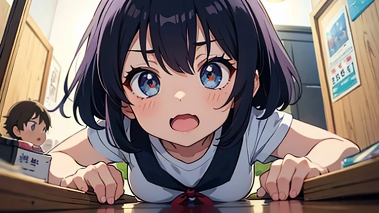 looking ahead,from above,Stanging,Hands Down,Grabbing a white dildo,side view,face focus,open mouth,tongue out,cum on tongue,(1girl,Beautiful 14 year old girl),((Slender,Small breasts,Baby Face,Small face,)),looking at viewer,Black Hair,bangs,two side up,Gray Eyes,Drooping eyes,slit pupils,narrow eyes,,Short sleeve shirt,Grey checked tie,Grey checked mini skirt,Navy blue socks,Beautiful and detailed anime art,Mischievous smile,Dimly lit room,Simple Background,Gray background,Low lighting