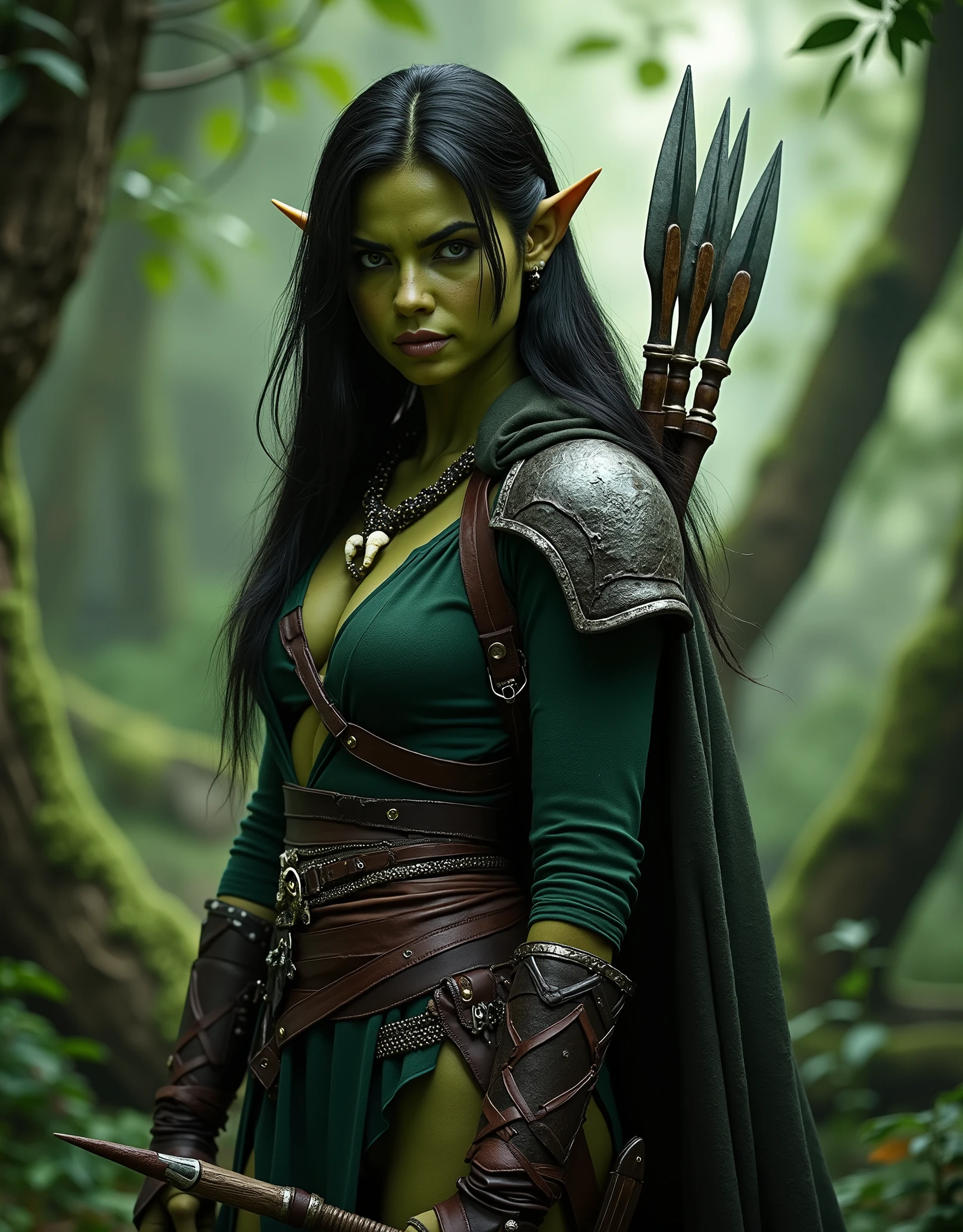 This image features a detailed, medium shot of a female orc character with a fantasy huntress aesthetic, set against a verdant forest background. She appears to have green skin, suggesting she might be an orc, though her features are distinctly human-like and conventionally attractive. (((ATTENTION: She have visible bottom canines.))) She is dressed in a striking outfit consisting of: A dark green cloak. Leather pauldrons complementing the trim on her cape. A simple tusk necklace. Leather armbands or bracers on her forearms detailed with metallic elements. Dark long hair with few dreadlocks. Her gaze is direct and intense, looking straight at the viewer. The lighting suggests an outdoor setting, likely within the forest, with soft, diffused light highlighting her features and attire. The overall impression is one of strength, mystique, and an almost regal warrior presence (NO CLEAVAGE, HIDE HER BREASTS) A kit of arrows and a bow on her back. Holding a spear.