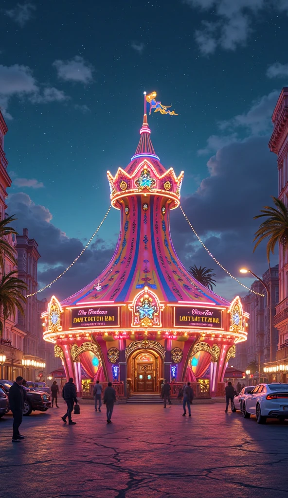 circus dome on the square of a tropical city, palm trees, street, people, magician, clowns, gypsy dancers, lion in a cage, city square, graphic style of novel comics, 2d, 8k, hyperrealism, masterpiece, high resolution, best quality, ultra-detailed, super realistic, Hyperrealistic art, high-quality, ultra high res, highest detailed, lot of details, Extremely high-resolution details, incredibly lifelike, colourful, soft cinematic light,