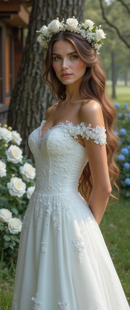 Foto hiperrealista en primer plano de Alicia Vikander, masterpiece, best quality, (photorealistic:1.4), full body, (white church dress:1.2), heels, garden cinematic light, beautiful woman, skinny, medium breasts, two braids dark blond hair, detailed face, smile, facing the camera, photo taken from a distance, age of 20 years old,
