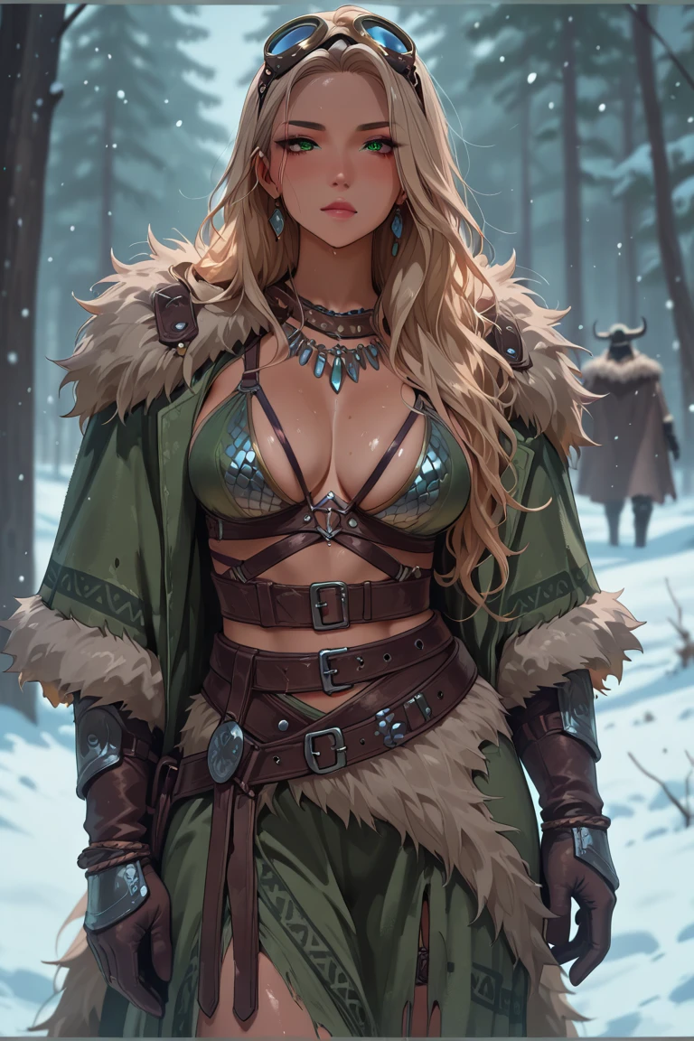 (vikingworld:1.2), 1girl, narrow, waist, large breasts, green hair, short auburn hair, topknot, amber eyes, leather skirt, belt, fur, breasts, cleavage, closed mouth, collarbone, black choker, eyebrows visible through hair, hair ornament, hair ribbon, hairclip, outdoors, long hair, looking at viewer, navel, ribbon, body ornaments, jewelry, body jewelry, smile, thighs, standing, straight-on, realistic skin texture, detailed background, beautiful and detailed artwork, <lora:more_details:0.5> <lora:VikingWorld:0.8>