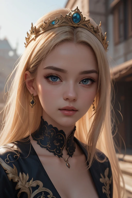 1 girl, masterpiece, blond hair, European face, highest quality, solo focus, (perfect face: 1.1), (high detail: 1.1), black tight dress, black gloves, golden crown, gothic architecture, beautiful wide smile, full plan.