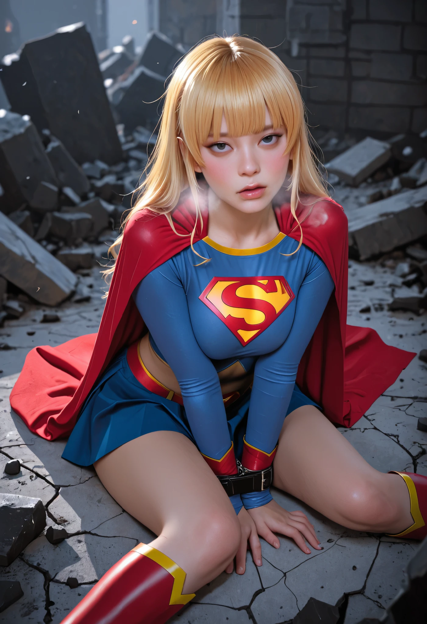 masterpiece、leaning against the alley wall、Injured short-haired Supergirl costume.、tattered clothes、big and full breasts、look at the camera、shiny costume、long sleeve、Bukkake、scattered sludge、Covered with lotion、exhausted、red mini skirt、barefoot