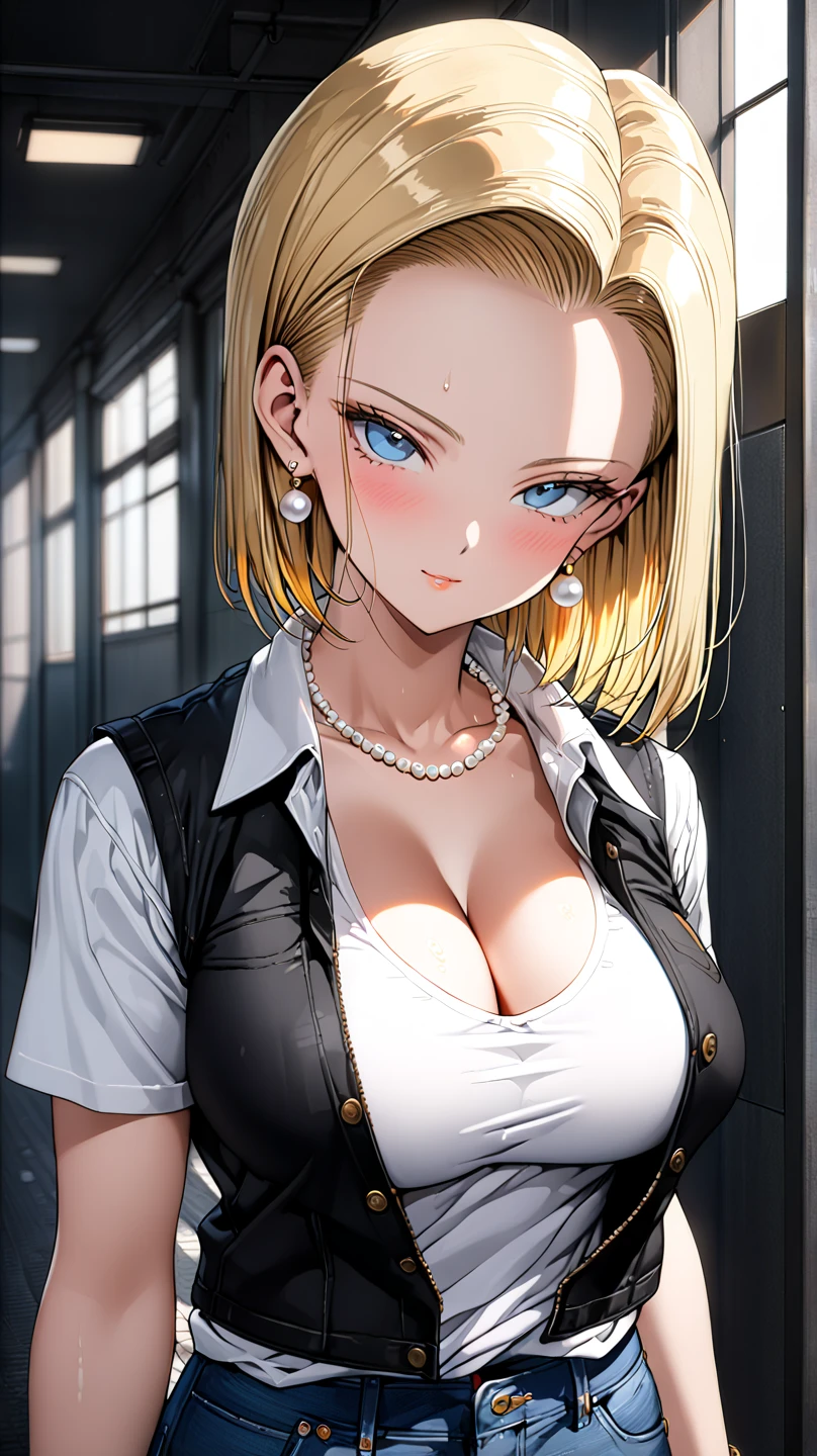 ((((Masterpiece, Best quality, high resolution)))), Extremely detailed 8K, Beautiful girl with slim body, (Ultra HD, Ultra-detailed, Highly detailed, Highly realistic, Ultra-realistic, photograph realistic), (1girll:1.5), (realistic white hair), Short wavy hair, Bob cut, (dynamicposes), facing at camera, Light smile, Purple eyes, (Large breasts: 1.2), (Beautiful detailed face, Beautiful detailed eyes), (Gilet blanc, Thin material), cleavage, Dark denim shorts, Glow, Sweat, (rays of sunshine, Sunlight)，nakeness，Bare lower body，Bare breasts
