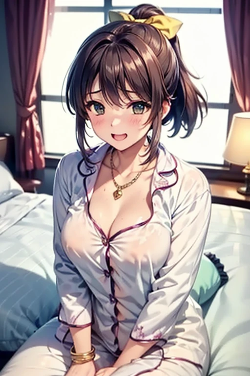 young woman with big breasts and cleavage, good body, short brown hair, lying on bed with pajamas in her room, lofi style