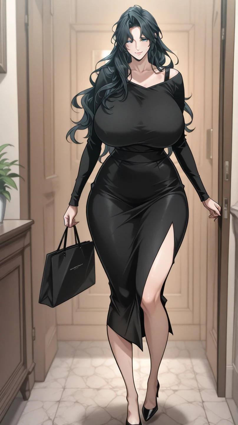 score_9, score_8_up, score_7_up, score_6_up, score_5_up, score_4_up, yu hee, brown eyes, black hair, long hair, large breasts, mature woman, 1girl, long_hair, blush, sweat, purple_eyes, brown_hair, collarbone, lips, purple_hair, smile, solo, wet, heavy breathing, dress, dress tug, jewelry, high heels, cleavage, night, city, outdoors, bag, holding bag, black dress, full body