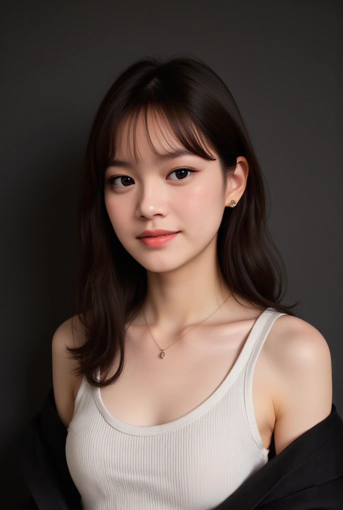 masterpiece, Highest quality, Very detailed, 複雑に詳細なSuper detailed, Realistic, Sharp features, Very detailed, Sharp focus, (18-year-old:1.3), Perfect Face, Perfect symmetrical eyes, Perfect Plump Lips, Super detailed, hyper Realistic, High resolution, Fashion Model, thin, Japanese Idols, Brown Hair, stylish, Realistic, PhotoRealistic:1.3, Beautiful Face, light Brown Hair, Messy Hair, Asymmetrical bangs, Dress neatly, (smile), (A tight fitting black top:1.2),