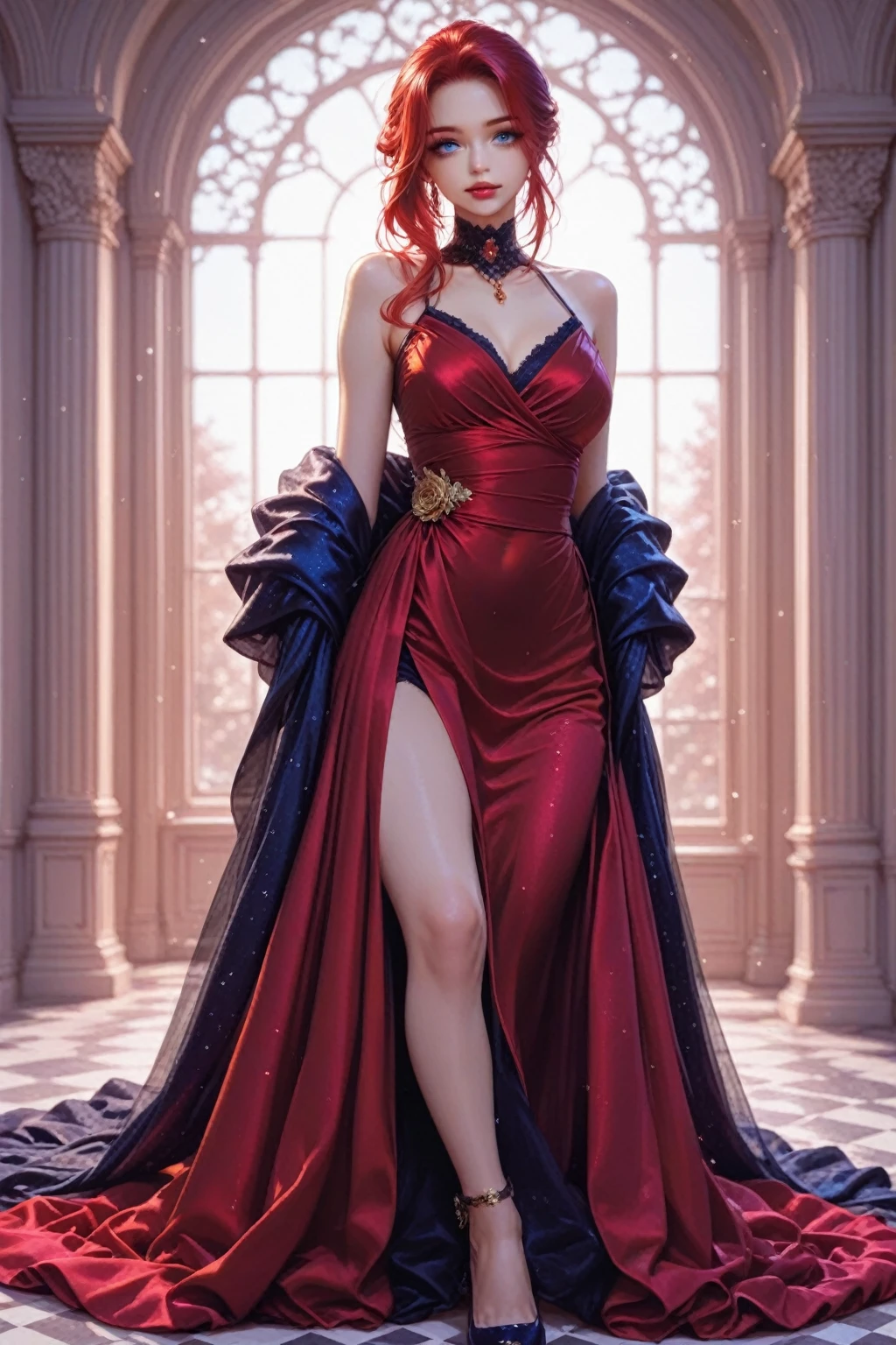 8K,highres,absurdres,masterpiece,best quality,original,extremely detailed CG,extremely detailed wallpaper,perfect lighting,<lyco:GoodHands-beta2:1>,1girl,blurry_background,looking_at_viewer,standing on the stage,
<lora:MaXiaotaoManhua:0.7>,MaXiaotaoManhua,very long hair,large breasts,cleavage,thighhighs,red dress,red hair,