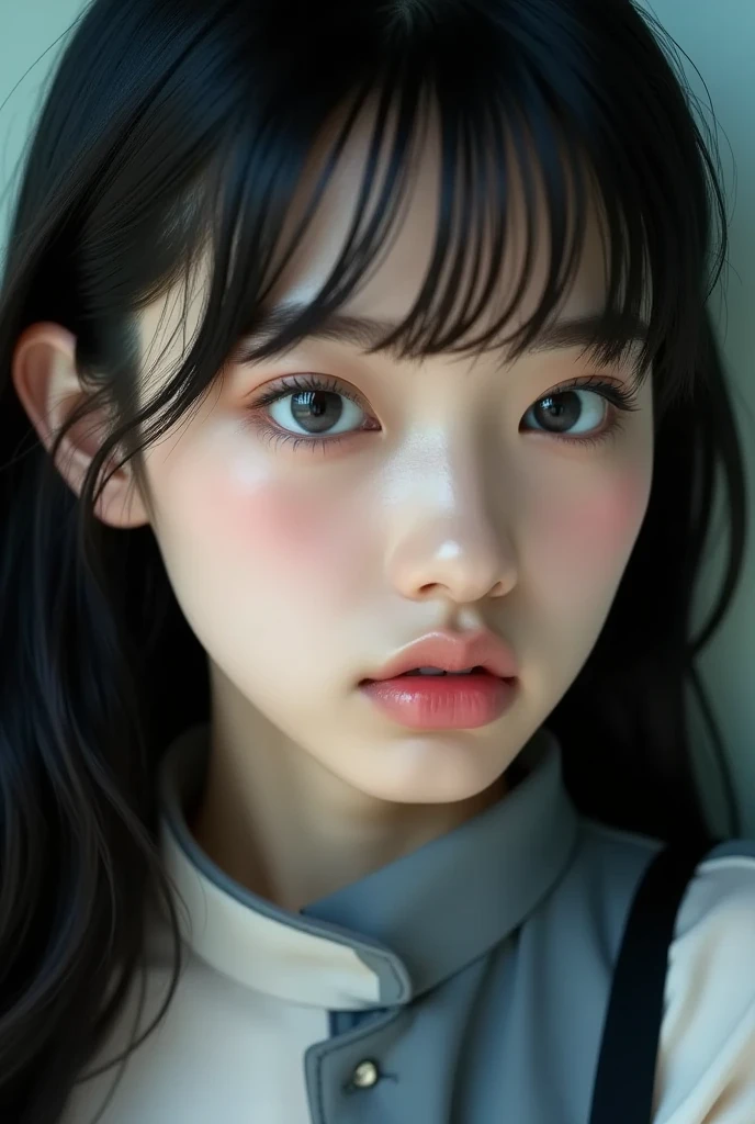 absurdres, (masterpiece, best quality), (ultra-detailed), extremely detailed,super high resolution, (Top Quality photorealistic Illustration), (Super Definition), (best quality,masterpiece:1.0),(cute illustration:1.3), (high Saturation:1.2), highres, ultra-detailed, 32k,8k resolution, intricate details, cinematic scene, detailed background, Soar (High chroma),(Sparkling),bathroom, BREAK (1 girl) (kawaii:1.6), (cute:1.6), Beautiful and delicate eyes, Delicate and beautiful face, Facial accents, Perfect figure,(open shirt:1.6), (show off nipples:1.6), (exposing bare breasts:1.3), (exposed chest:1.3), (medium breasts:1.3),,Uniforms、bright expression、poneyTail、Young shiny shiny white shiny skin、Best Looks、Natural black hair with dazzling highlights、shiny light hair,、Super long silky straight hair、Beautiful bangs that shine、Double eyelids、eye liner、Glowing crystal clear attractive big brown eyes、Very beautiful nice cute 14 year old Nordic girl、