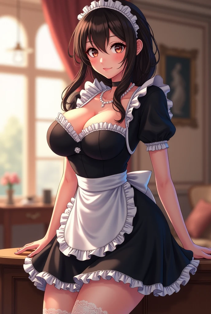 Busty anime girl wearing maid outfit in a mansion