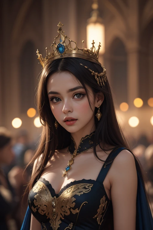 Create an image of a majestic and imposing woman, representing the character Queen Marika from &#39;Elden Ring&#39;. She must have an elegant and otherworldly look. Her hair is long and silver, flowing gracefully and reflecting light with an ethereal glow. Your eyes must be intense, with a shine that conveys authority and mystery.She is dressed in a long, sophisticated dress, in dark colors like black or deep blue, with silver or gold details. The dress is ornamented with intricate patterns and mystical symbols that enhance her royalty.. Include a cape or cloak that adds a touch of majesty to your outfit.Your face must have refined features, with an expression that mixes serenity with inner strength. The scenery in the background can be a realistic and grand environment, reflecting the power and influence of Queen Marika."