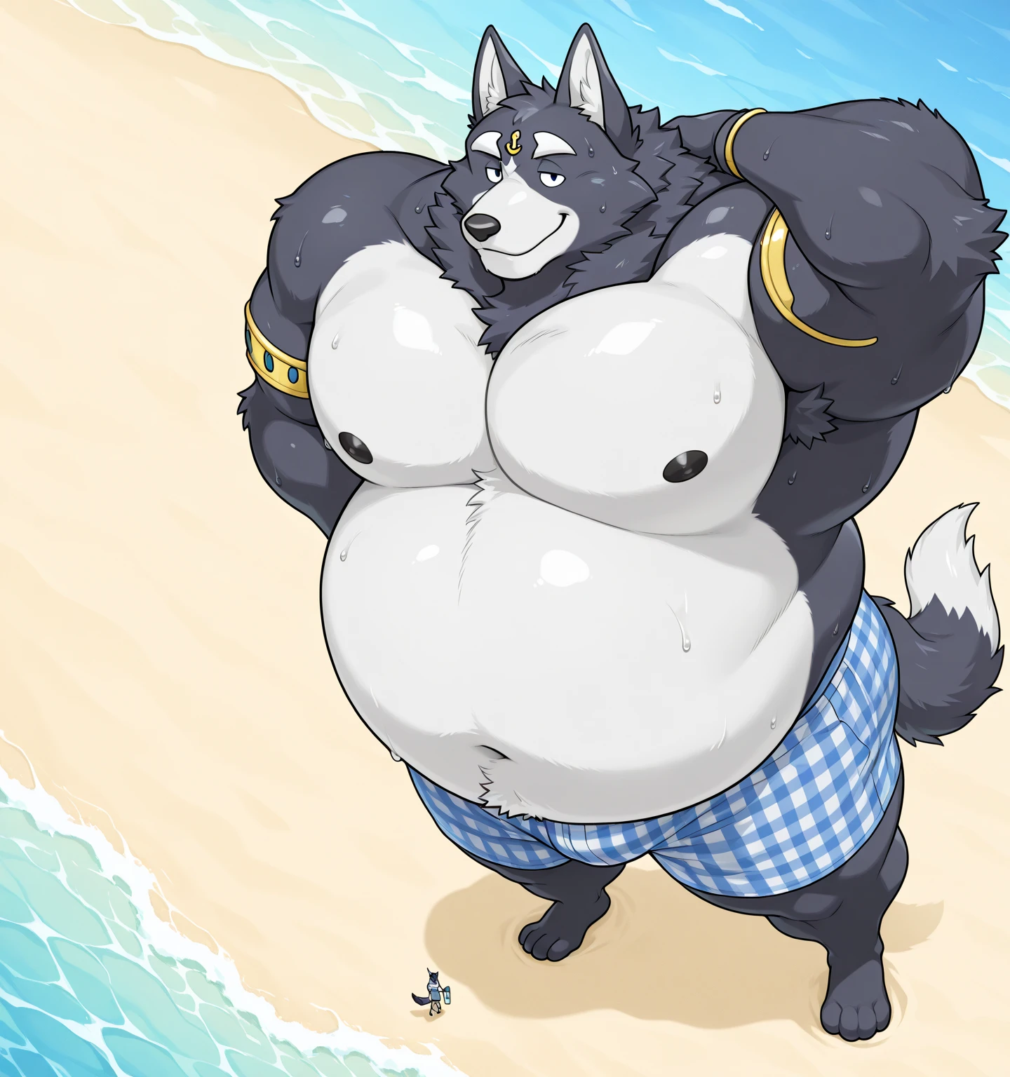 a baby face, Musclegut, Bigchest, Big belly, cute werewolf bear cub, blush ,Endure the pain , fullnude , Erect ,Masturbating ,handle dick , stand on the dark beach, Facing forward, Sweating , A large amount of precum drips, fantastic ambient light