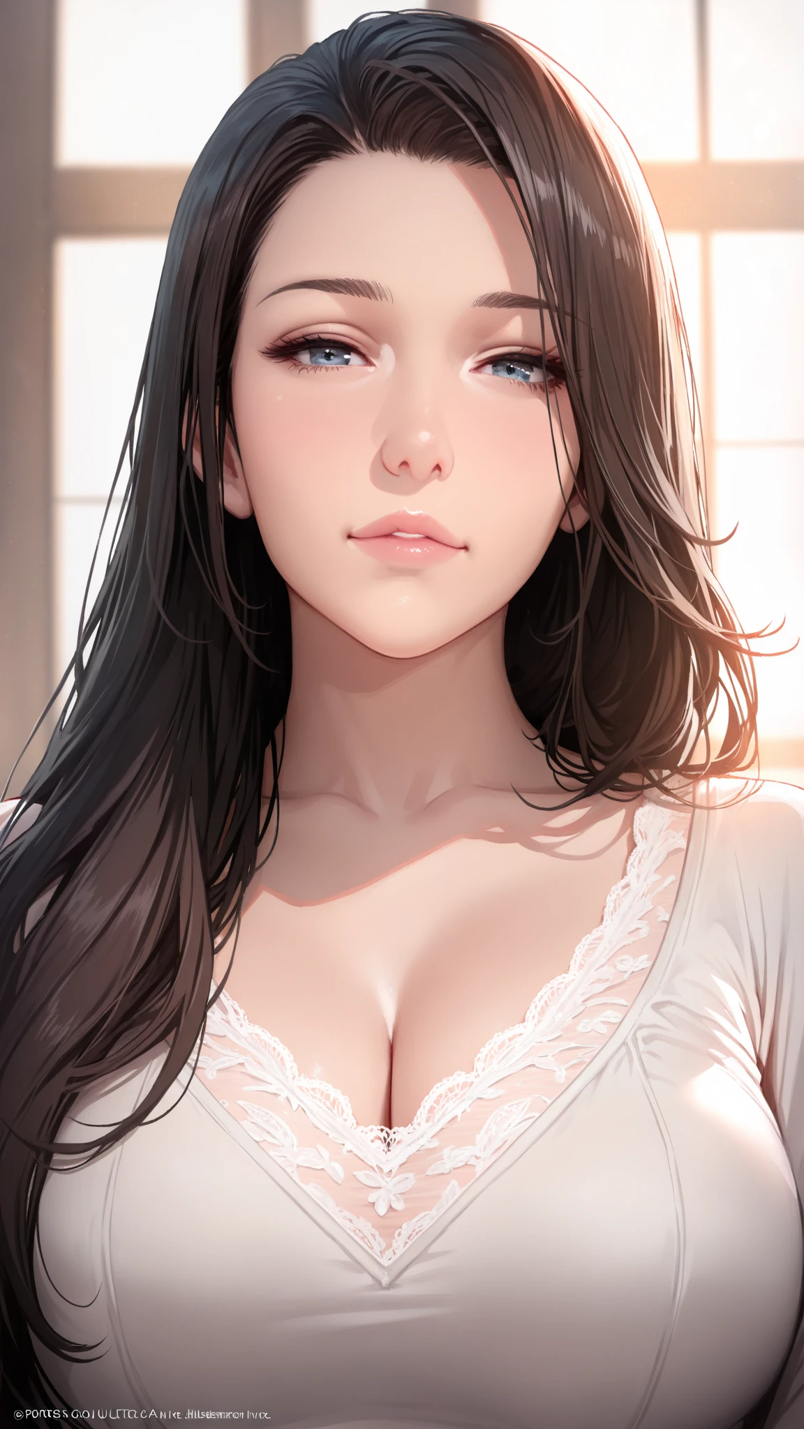 masterpiece, highest quality、High resolution, Bedroom, High-quality images, 8k, break, 1 female, Upper Body, Dynamic Angle, ((vaginal, missionary, POV)), (nose blush), (((Vaginal,Sex))),(((Cum in pussy))), (((Lying on your back))), (((Accurate Fingers))), (((left hand, fourth finger with ring))), break, Skin Radiance, Texture of skin and clothing, Expression of fine eyes, Shiny Hair, Girl with long brown hair, Manga inspired by Lee Jong-suk, Trending on deviantart, realism, detailed manga style, Manga art style, Perfect Line Drawing, Beautiful line art, digital manga art girl, K-POPアイドル, Beautiful brown eyes, Fuller lips, Gorgeous face with attention to detail, (Cute Smile), Charm, Innocent, Side view, (Perfectly detailed face), (Beautiful Hands) Photorealistic images, Written boundary depth, Japanese Princess Cut Hairstyle, ((best sunday dresses, blouse)), Tight waist, break, Upper Body, Dynamic Angle, ((vaginal, missionary, POV)), (nose blush), (((Vaginal,Sex))),(((Cum in pussy))), (((Lying on your back))),