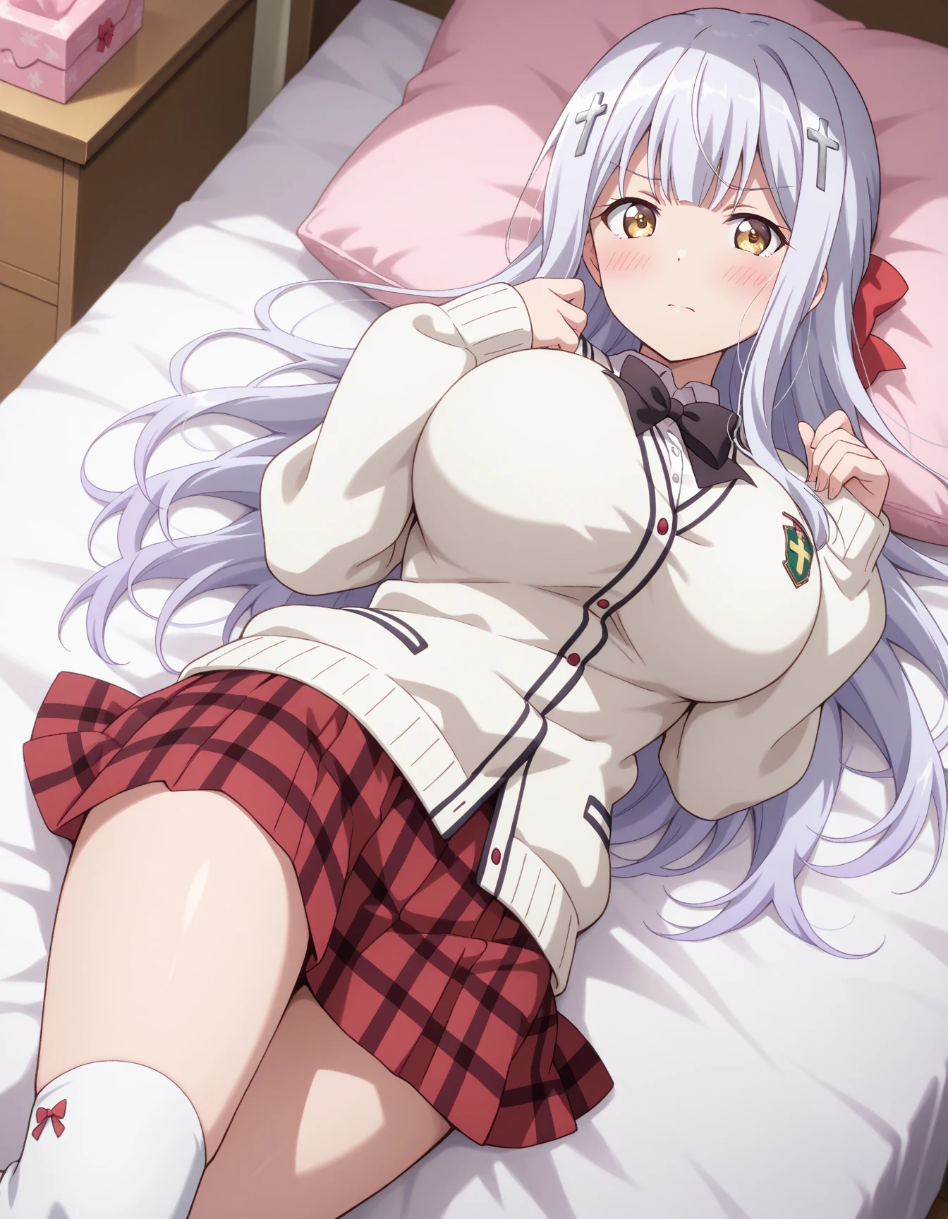 {{masterpiece}}, highest quality, very detailed, 1 girl, big breasts, open kimono, Sheer white bra, Sheer white panties, embarrassed look, sexy, necklace, spread your legs, on the futon,