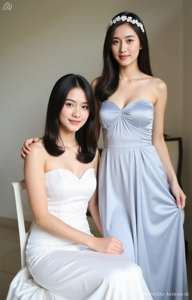 masterpiece、Two very beautiful sisters、Standing side by side in the living room at home、Delicate eyes、Black Hair、Detailed face、so beautiful、Cinema lighting、Great style、Realistic Skin、Perfect limbs、Tight waist、Perfect Anatomy、（Ideal body type）、Natural Makeup、Skin with attention to detail、Medium-long hairstyle、Wearing a neat dress、Elegance、Noble smile
