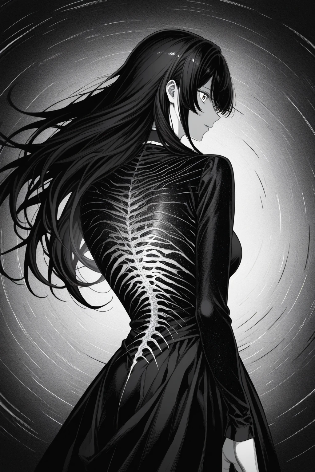 garota and roupas cybersigilism gotica, and (Barbed wire through the body) cabelo preto and pontas branca,1 girl,Black Tears,Black and white