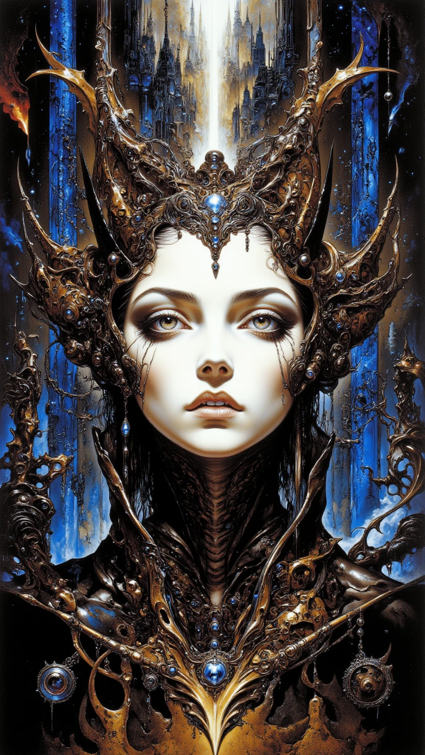 (Masterpiece, best quality), 1 Dame, alone, (lo Gothic), Dream Catcher, Vampir, short black hair, loose waves, blue eyes, sweet, (HG giger, Art by Hermann Nitsch, Beksinski, Dariusz Zawadzki, giger, zdzislaw beksinski), in the middle is written Psytrance
