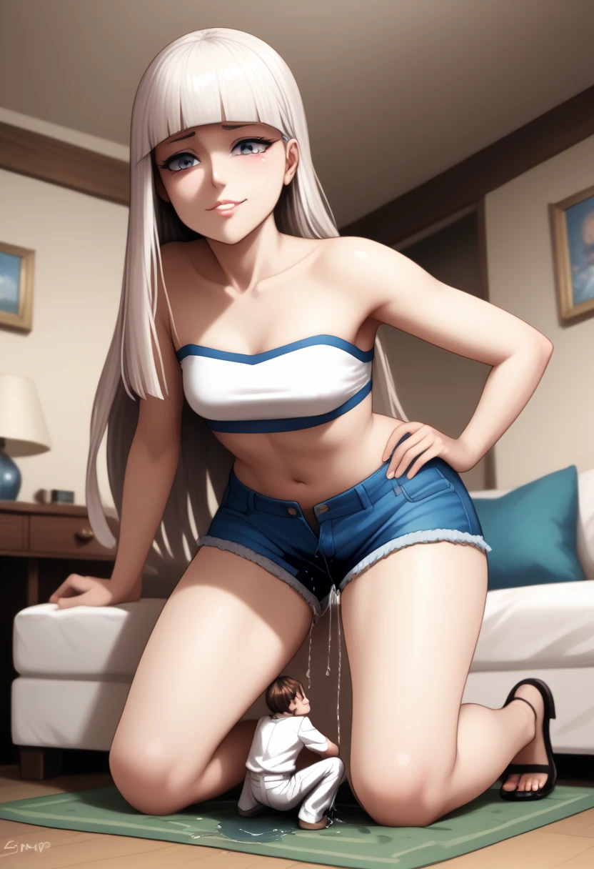 Cabello largo plateado, ojos verdes, headband, necklace, flat breast, bra, underwear, pantyhoses, sonrisa, happy, abdomen lindo, muslos hermosos, inside house